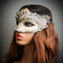 Venetian Masquerade White Crackle Lace Women Eye Mask - Silver (left)