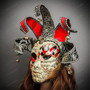 Medieval Crackle Jester Musical Joker Venetian Masquerade Mask with Gold Lip and Bells - Red Black (side)
