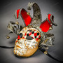 Medieval Crackle Jester Musical Joker Venetian Masquerade Mask with Gold Lip and Bells - Red Black