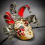 Medieval Crackle Jester Musical Joker Venetian Masquerade Mask with Gold Lip and Bells - Red Black