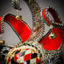 Medieval Crackle Jester Musical Joker Venetian Masquerade Mask with Gold Lip and Bells - Red Black (bell)