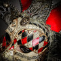Medieval Crackle Jester Musical Joker Venetian Masquerade Mask with Gold Lip and Bells - Red Black