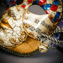 Medieval Crackle Jester Musical Joker Venetian Masquerade Mask with Gold Lip and Bells - Red Blue (musical note)