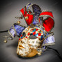 Medieval Crackle Jester Musical Joker Venetian Masquerade Mask with Gold Lip and Bells - Red Blue