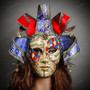 Medieval Crackle Jester Musical Joker Venetian Masquerade Mask with Gold Lip and Bells - Red Blue (with model)