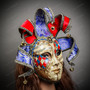 Medieval Crackle Jester Musical Joker Venetian Masquerade Mask with Gold Lip and Bells - Red Blue