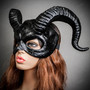 Demon Devil with Back Twisted Horns Masquerade Eye Mask - Textured Black (left)