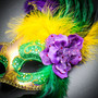 Venetian Half Moon Masquerade Side Feather Mask - Gold Green (detail)