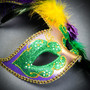 Venetian Half Moon Masquerade Side Feather Mask - Gold Green (glitter)