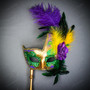 Venetian Side Feather Masquerade Mask with Stick - Gold Green