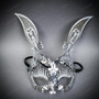Bunny Rabbit Metal Laser Cut Silver Rhinestones Masquerade Mask - Silver
