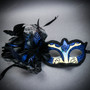 Venetian Black Side Feather Blue Glitter Women Eyes Mask