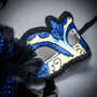 Venetian Black Side Feather Blue Glitter Women Eyes Mask (detail)