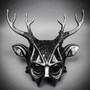 Antler Deer Textured Horn with Brushed Silver Laces Devil Halloween Masquerade Mask - Black