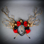 Tree Branches Forest Skull with Red Black Rose Headband - Gold
