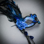 Venetian Side Feather Blue Rose Women Sexy Eye Mask with Tassel HandHeld Stick - Blue