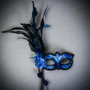 Venetian Side Feather Black Rose Women Sexy Eye Mask with Tassel HandHeld Stick - Blue