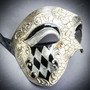 Silver Venetian Phantom Half-Face with Gold Red Flurry Feather Couple Mask