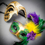 Gold Venetian Phantom Half Face with Mardi Gras Green Purple Feather Couple Mask