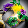 Gold Venetian Phantom Half Face with Mardi Gras Green Purple Feather Couple Mask