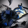 Venetian Silver Phantom Half Face & BLUE Glitter Black Feather Eye Couple Mask