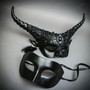 Venetian Classic Black Eye w/ Long Horns Elegant Devil Eye Black Couple Mask