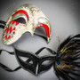 Venetian RED Silver Phantom Half Face & Black Glitter Feather Eye Couple Mask