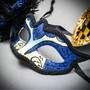 Venetian Phantom Half Face & BLUE Glitter Peacock Black Feather Eye Couple Mask