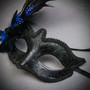 Venetian Silver Phantom Face & Black Glitter Peacock Blue Feather Eye Couple Mask