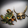 Gold Green Forest Scary Devil Ram Halloween Couple Mask w/ Devil Horn Demon Mask