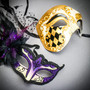 Venetian Phantom Half Face & Purple Glitter Peacock Feather Eye Couple Mask