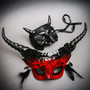 Man Black Demon Eye Mask w/ Long Horns Red Devil Women Halloween Party Mask