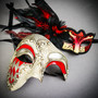 Venetian Silver Phantom Half Face & RED Glitter Peacock Feather Eye Couple Mask