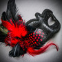 Venetian Gold Black Phantom Half Face & Glitter RED Feather Eye Couple Mask