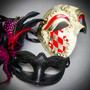 Venetian RED Phantom Face & Glitter Peacock PINK Feather Eye Couple Mask