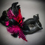 Venetian RED Phantom Face & Glitter Peacock PINK Feather Eye Couple Mask