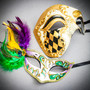 Venetian Gold Phantom Men & Women Colorful Feather Mardi Gras Eye Couple Mask