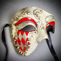 Venetian Red Silver Phantom Half Face & Glitter RED Feather Eye Couple Mask