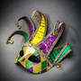 Mardi Gras Jester Mask with Bells – Venetian Carnival Harlequin Masquerade Mask -  Purple Green Yellow