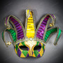 Mardi Gras Jester Mask with Bells – Venetian Carnival Harlequin Masquerade Mask -  Purple Green Yellow