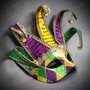 Mardi Gras Jester Mask with Bells – Venetian Carnival Harlequin Masquerade Mask -  Purple Green Yellow