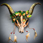 Woodland Ram Skull Mask with Golden Horns – Forest Spirit Tribal Costume Mask - Bone
