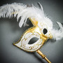 Venetian Side Feather Mask on Stick Elegant Masquerade Ball Mask - Gold White