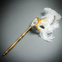 Venetian Side Feather Mask on Stick Elegant Masquerade Ball Mask - Gold White