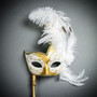 Venetian Side Feather Mask on Stick Elegant Masquerade Ball Mask - Gold White