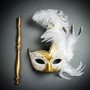 Venetian Side Feather Mask on Stick Elegant Masquerade Ball Mask - Gold White