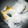 Venetian Side Feather Mask on Stick Elegant Masquerade Ball Mask - Gold White