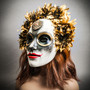 Golden Sunflower Día de los Muertos Mask – Handcrafted White & Gold Sugar Skull Masquerade Mask