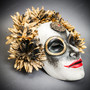 Golden Sunflower Día de los Muertos Mask – Handcrafted White & Gold Sugar Skull Masquerade Mask