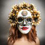 Golden Sunflower Día de los Muertos Mask – Handcrafted White & Gold Sugar Skull Masquerade Mask